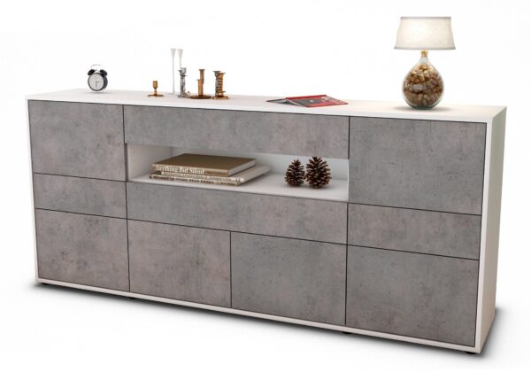 Sideboard Emerelda | Korpus Weiß | Front in Beton Optik | 180x79x35cm (BxHxT)