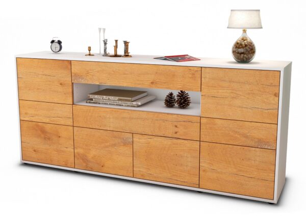 Sideboard Emerelda | Korpus Weiß | Front in Eiche Holz Optik | 180x79x35cm (BxHxT)