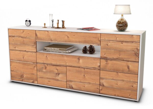 Sideboard Emerelda | Korpus Weiß | Front in Pinie Holz Optik | 180x79x35cm (BxHxT)