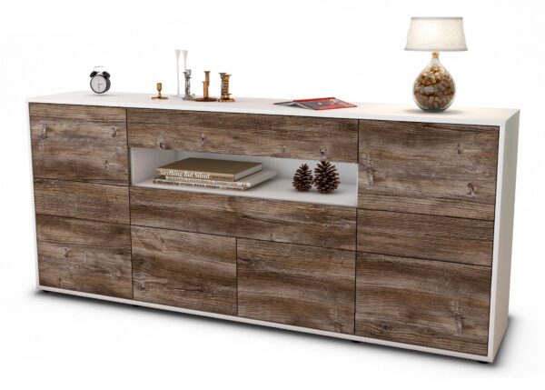 Sideboard Emerelda | Korpus Weiß | Front in Treibholz Holz Optik | 180x79x35cm (BxHxT)