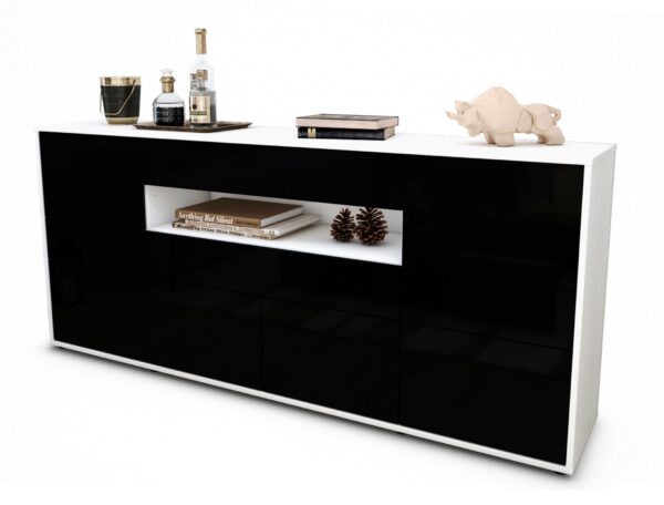 Sideboard Emerelda | Korpus Weiß | Front in Hochglanz Schwarz | 180x79x35cm (BxHxT)