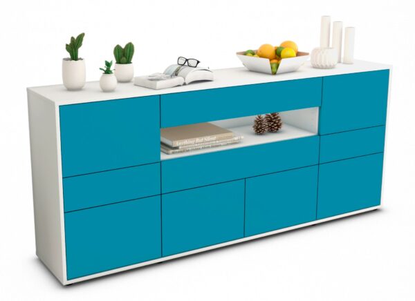 Sideboard Emerelda | Korpus Weiß | Front in Türkis | 180x79x35cm (BxHxT)