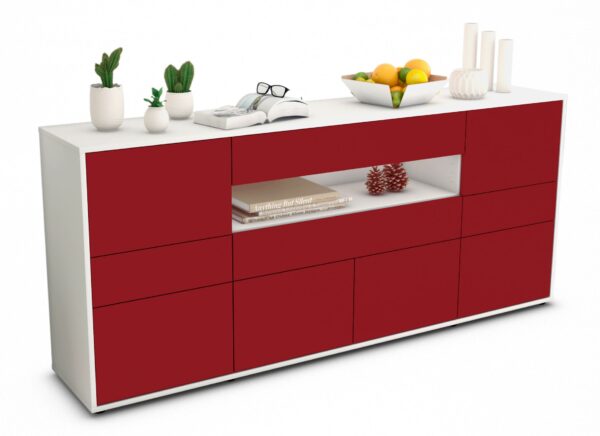 Sideboard Emerelda | Korpus Weiß | Front in Bordeaux | 180x79x35cm (BxHxT)