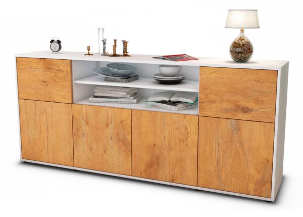 Sideboard Emilia | Korpus Weiß | Front in Eiche Holz Optik | 180x79x35cm (BxHxT)