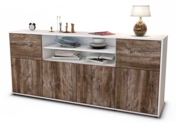 Sideboard Emilia | Korpus Weiß | Front in Treibholz Holz Optik | 180x79x35cm (BxHxT)