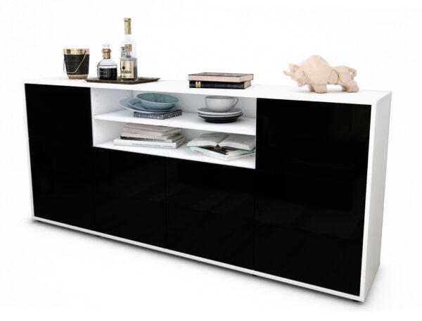 Sideboard Emilia | Korpus Weiß | Front in Hochglanz Schwarz | 180x79x35cm (BxHxT)