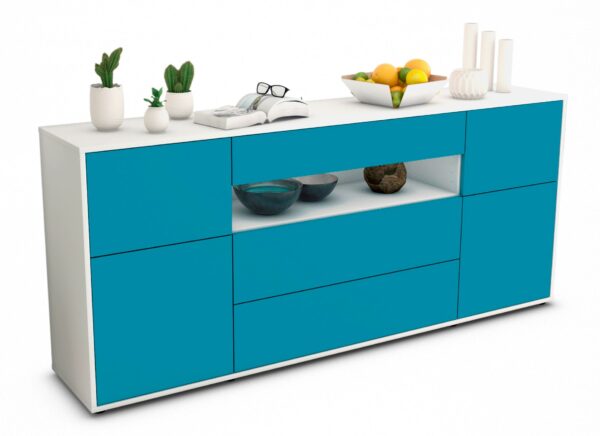 Sideboard Emma | Korpus Weiß | Front in Türkis | 180x79x35cm (BxHxT)