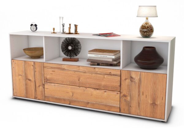 Sideboard Enza | Korpus Weiß | Front in Pinie Holz Optik | 180x79x35cm (BxHxT)