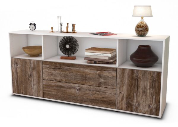 Sideboard Enza | Korpus Weiß | Front in Treibholz Holz Optik | 180x79x35cm (BxHxT)