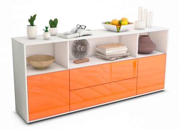 Sideboard Enza | Korpus Weiß | Front in Hochglanz Orange | 180x79x35cm (BxHxT)