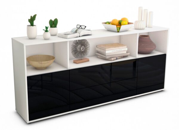 Sideboard Enza | Korpus Weiß | Front in Hochglanz Schwarz | 180x79x35cm (BxHxT)