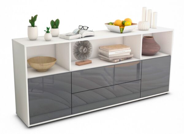 Sideboard Enza | Korpus Weiß | Front in Hochglanz Grau | 180x79x35cm (BxHxT)