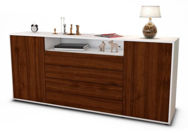 Sideboard Enzo | Korpus Weiß | Front in Walnuss Holz Optik | 180x79x35cm (BxHxT)