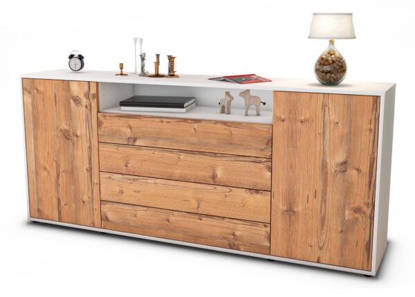 Sideboard Enzo | Korpus Weiß | Front in Pinie Holz Optik | 180x79x35cm (BxHxT)