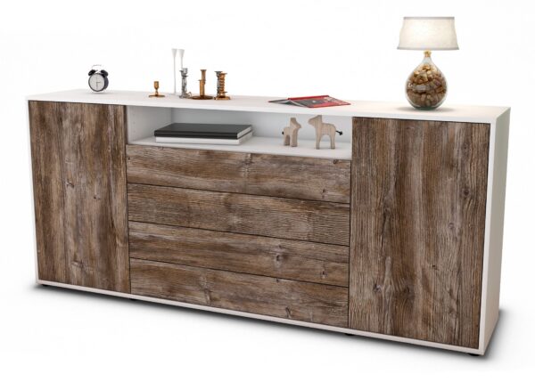 Sideboard Enzo | Korpus Weiß | Front in Treibholz Holz Optik | 180x79x35cm (BxHxT)