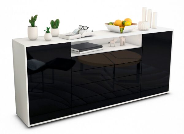 Sideboard Enzo | Korpus Weiß | Front in Hochglanz Schwarz | 180x79x35cm (BxHxT)