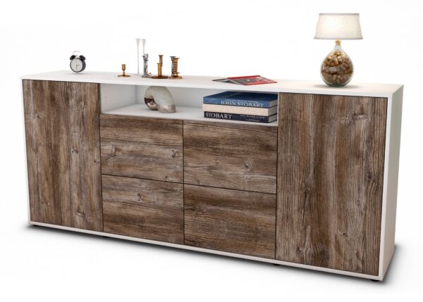 Sideboard Ephenia | Korpus Weiß | Front in Treibholz Holz Optik | 180x79x35cm (BxHxT)