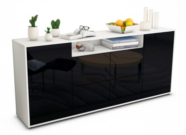 Sideboard Ephenia | Korpus Weiß | Front in Hochglanz Schwarz | 180x79x35cm (BxHxT)