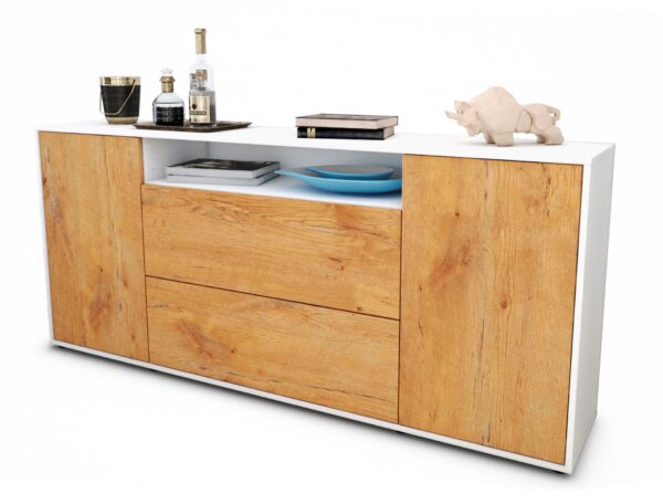 Sideboard Erina | Korpus Weiß | Front in Eiche Holz Optik | 180x79x35cm (BxHxT)