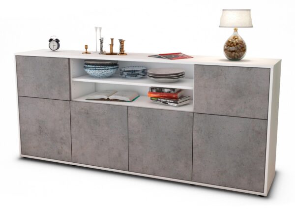 Sideboard Ermelina | Korpus Weiß | Front in Beton Optik | 180x79x35cm (BxHxT)