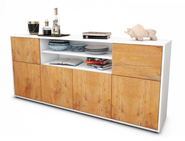 Sideboard Ermelina | Korpus Weiß | Front in Eiche Holz Optik | 180x79x35cm (BxHxT)