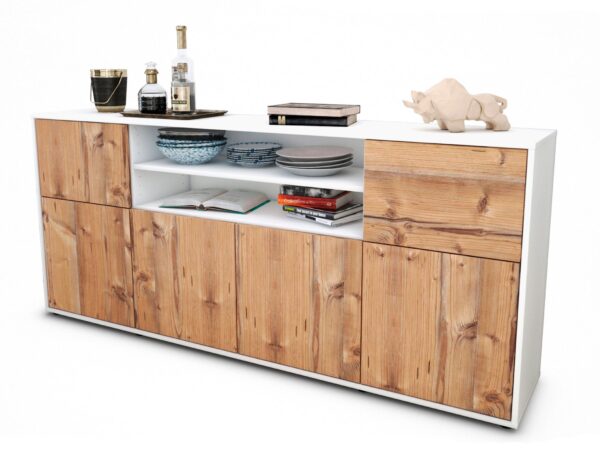 Sideboard Ermelina | Korpus Weiß | Front in Pinie Holz Optik | 180x79x35cm (BxHxT)