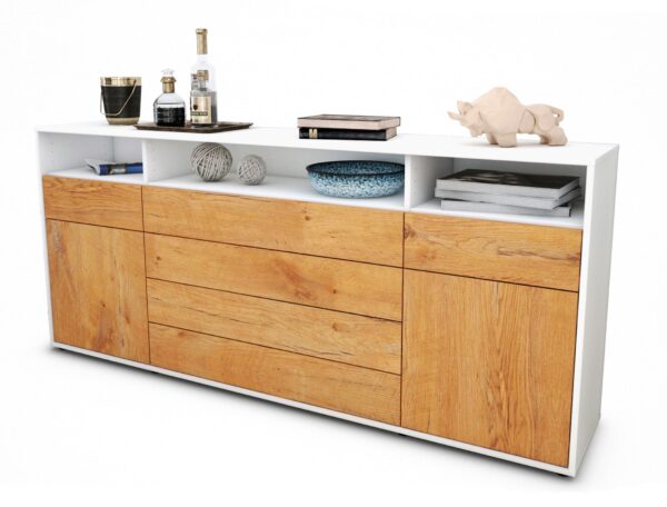 Sideboard Evelina | Korpus Weiß | Front in Eiche Holz Optik | 180x79x35cm (BxHxT)