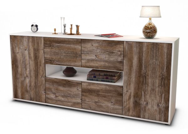 Sideboard Farina | Korpus Weiß | Front in Treibholz Holz Optik | 180x79x35cm (BxHxT)