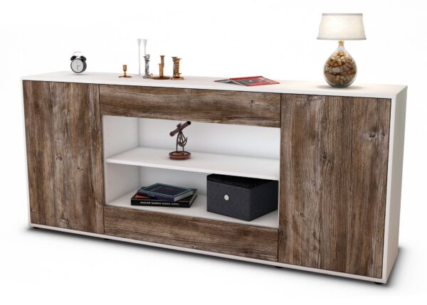 Sideboard Feli | Korpus Weiß | Front in Treibholz Holz Optik | 180x79x35cm (BxHxT)