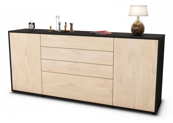 Sideboard Eleni | Korpus Anthrazit | Front in Zeder Holz Optik | 180x79x35cm (BxHxT)