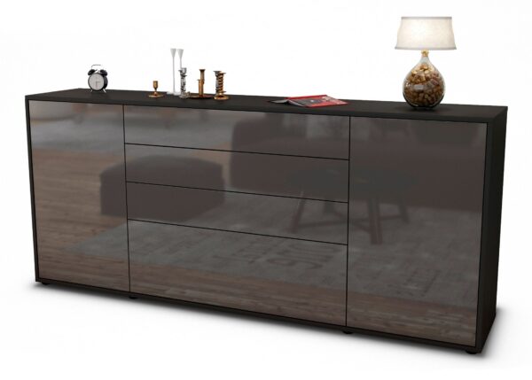 Sideboard Eleni | Korpus Anthrazit | Front in Hochglanz Grau | 180x79x35cm (BxHxT)