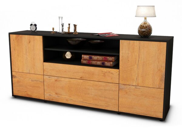 Sideboard Eluana | Korpus Anthrazit | Front in Eiche Holz Optik | 180x79x35cm (BxHxT)