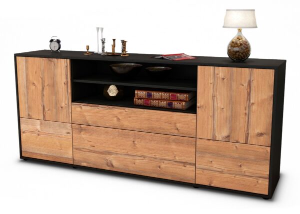 Sideboard Eluana | Korpus Anthrazit | Front in Pinie Holz Optik | 180x79x35cm (BxHxT)