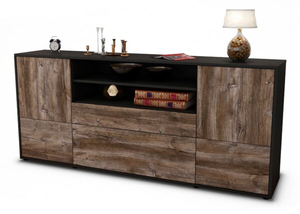 Sideboard Eluana | Korpus Anthrazit | Front in Treibholz Holz Optik | 180x79x35cm (BxHxT)