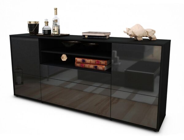 Sideboard Eluana | Korpus Anthrazit | Front in Hochglanz Grau | 180x79x35cm (BxHxT)