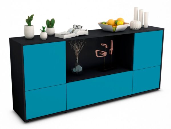 Sideboard Elvezia | Korpus Anthrazit | Front in Türkis | 180x79x35cm (BxHxT)