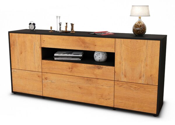 Sideboard Elvira | Korpus Anthrazit | Front in Eiche Holz Optik | 180x79x35cm (BxHxT)