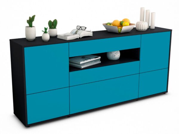 Sideboard Elvira | Korpus Anthrazit | Front in Türkis | 180x79x35cm (BxHxT)