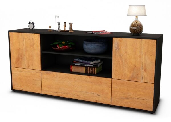 Sideboard Emanuela | Korpus Anthrazit | Front in Eiche Holz Optik | 180x79x35cm (BxHxT)