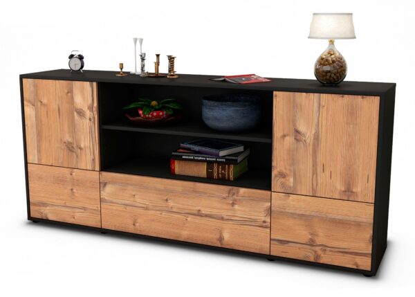 Sideboard Emanuela | Korpus Anthrazit | Front in Pinie Holz Optik | 180x79x35cm (BxHxT)