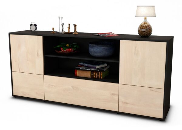 Sideboard Emanuela | Korpus Anthrazit | Front in Zeder Holz Optik | 180x79x35cm (BxHxT)