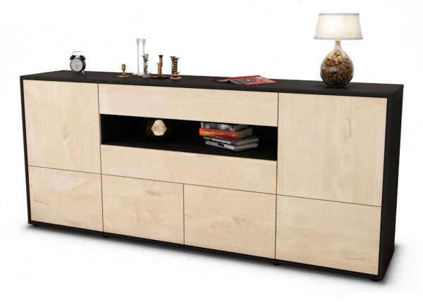 Sideboard Emely | Korpus Anthrazit | Front in Zeder Holz Optik | 180x79x35cm (BxHxT)