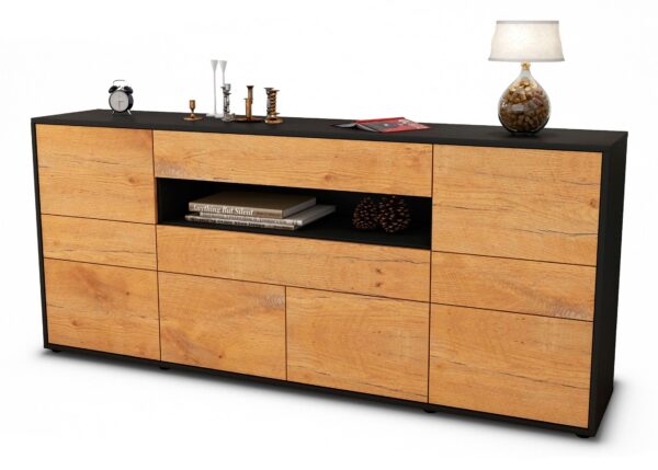 Sideboard Emerelda | Korpus Anthrazit | Front in Eiche Holz Optik | 180x79x35cm (BxHxT)