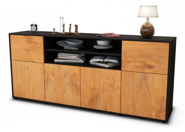 Sideboard Emilia | Korpus Anthrazit | Front in Eiche Holz Optik | 180x79x35cm (BxHxT)