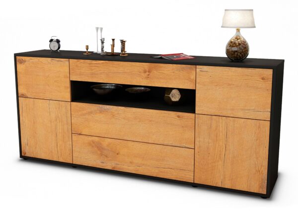 Sideboard Emma | Korpus Anthrazit | Front in Eiche Holz Optik | 180x79x35cm (BxHxT)