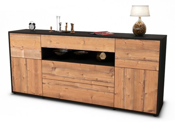 Sideboard Emma | Korpus Anthrazit | Front in Pinie Holz Optik | 180x79x35cm (BxHxT)