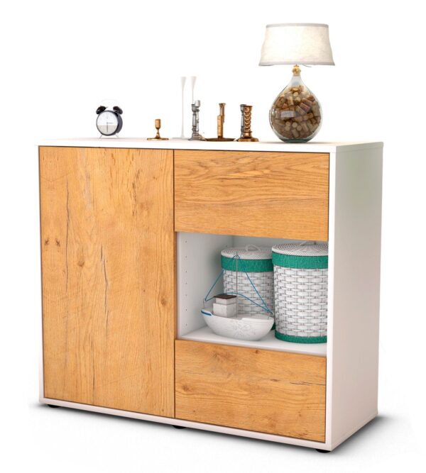 Sideboard Danica | Korpus Weiß | Front in Eiche Holz Optik | 92x79x35cm (BxHxT)