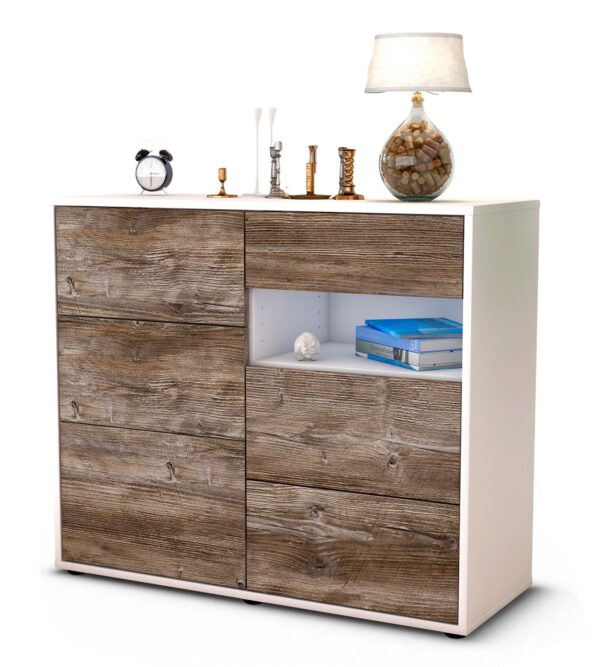 Sideboard Dariella | Korpus Weiß | Front in Treibholz Holz Optik | 92x79x35cm (BxHxT)